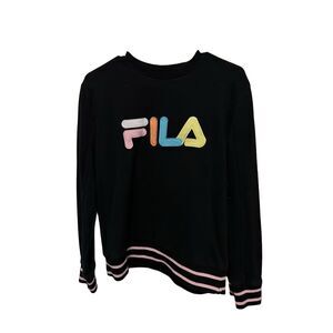 Fila Sweatshirt Womens Size S Small Black Crew Neck Banded Elastic Hem Embroider